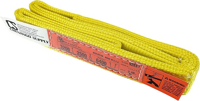 Multi Lengths in Listing! (USA Made), 1-PLY, 2" Width Nylon Lifting Web Sling. lbs 3,200 Vertical, 2,500 lbs Choker, 6,400 lbs Basket Capacity, Eye & Eye, Heavy Duty (USA 900 Webbing) (2"x6')