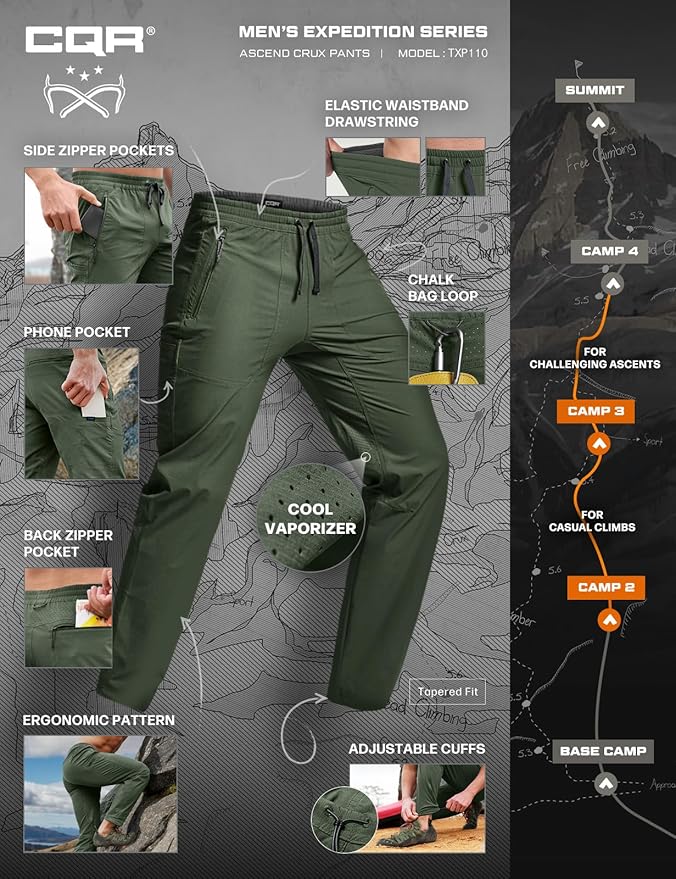 CQR Men's Lightweight Vent Hiking Pants, Water-Resistant & Breathable Sports Outdoor Athletic Pants with Elastic Waist