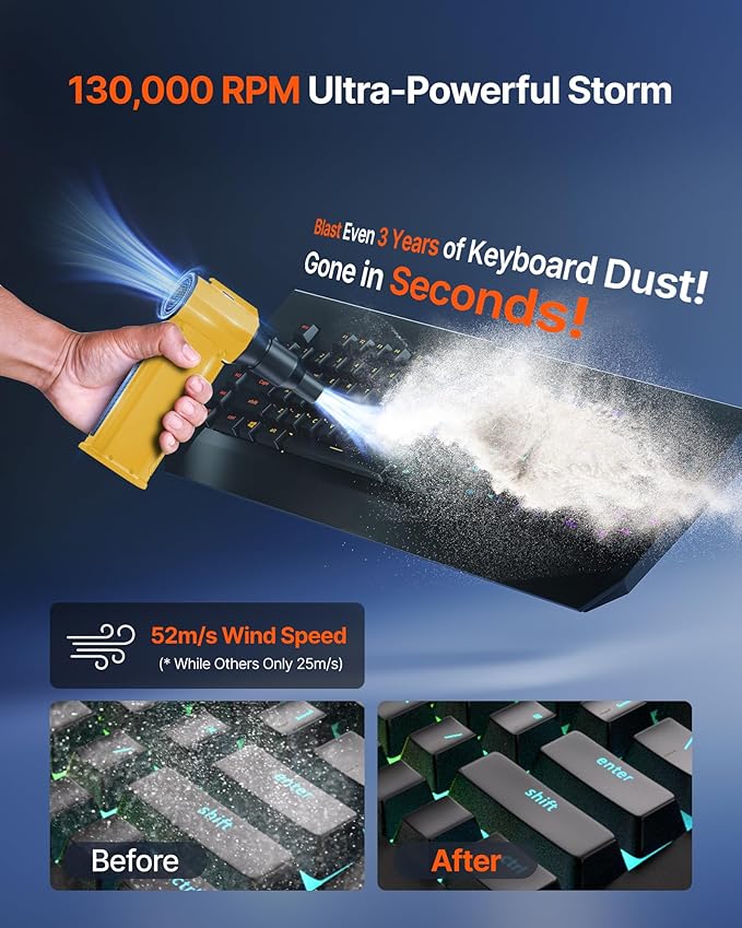 Compressed Air Duster, 130,000RPM Ultra-Powerful Cordless Electric Air Duster with 8000mAh Rechargeable Battery, 4-Gear Adjustable Air Blower for Keyboard, Computer, Car, Home Cleaning - Yellow