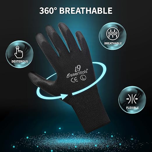 I9 Essentials 12 Pairs PU Coated Work Gloves – Black Safety Grip Gloves for Construction, Warehouse, Assembly & General Work | Lightweight Protective Gloves for Men & Women (Large)