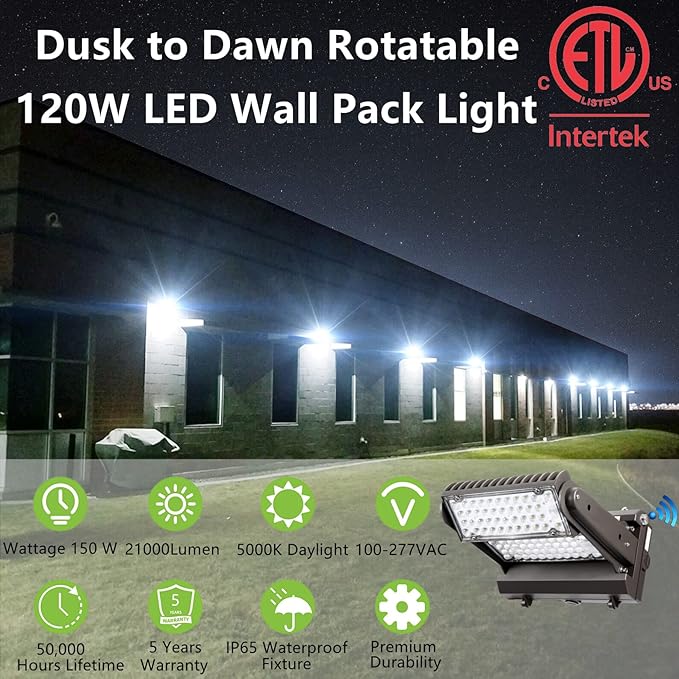 Rotatable LED Wall Pack Light with Dusk to Dawn Photocell, 150W 21000LM 800-1000W HPS/HID Equiv., 5000K Daylight ETL Commercial Outdoor Security Lighting for warehouse, Entrance, Parking, Garage