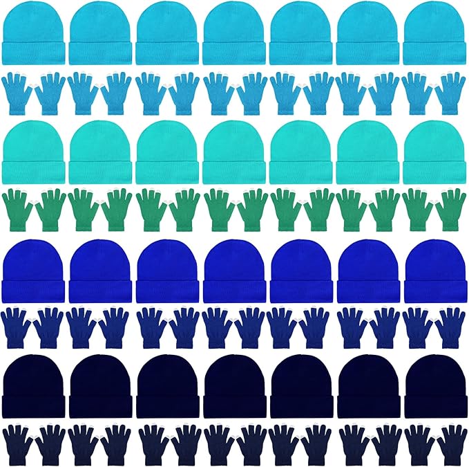 Kenning 56 Pcs Winter Beanies and Gloves Combo Kit Include 28 Pair Winter Gloves 28 Pcs Knitted Beanies Unisex Hats for Adult