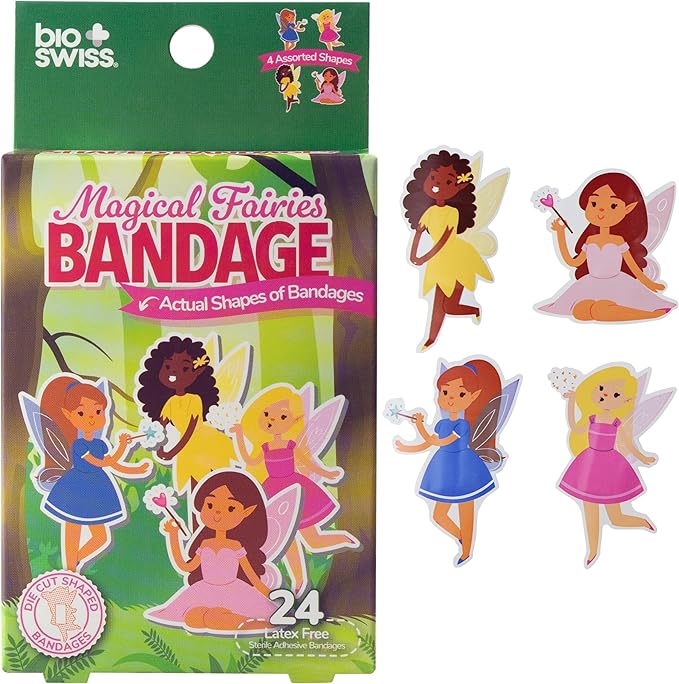 BioSwiss Kids Bandages, Magical Fairies Shaped Self Adhesive Bandage Set, Latex Free, Sterile Wound Care, 24 Count