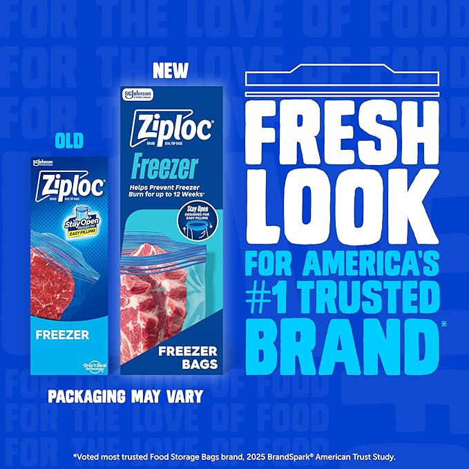 Ziploc Quart Food Storage Freezer Bags, Stay Open Design, Easy to Fill, 60 count (Packaging May Vary)