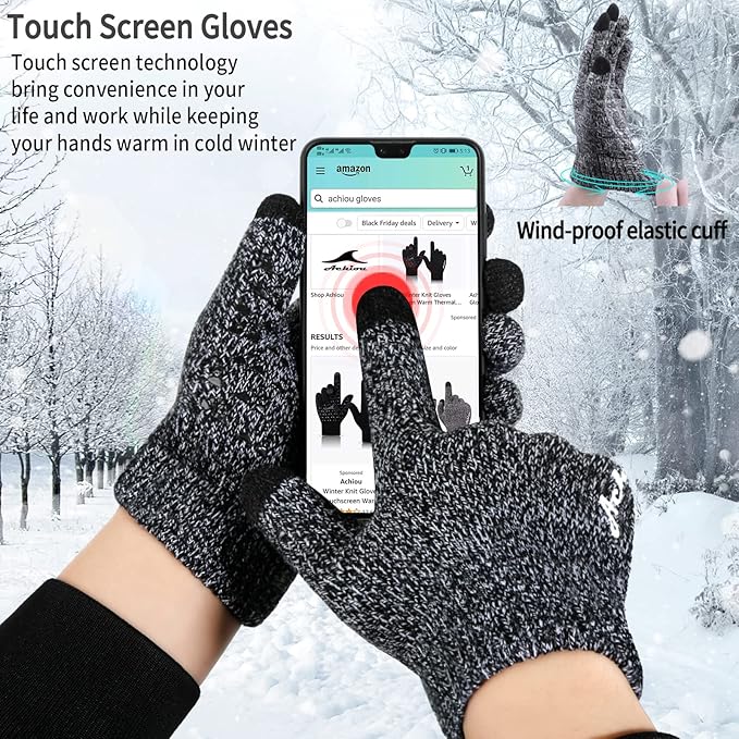 Achiou Winter Gloves for Men Women, Touch Screen Gloves, Upgraded Thicken Anti-Slip Silicone Gel, Thermal Soft Knit Lining