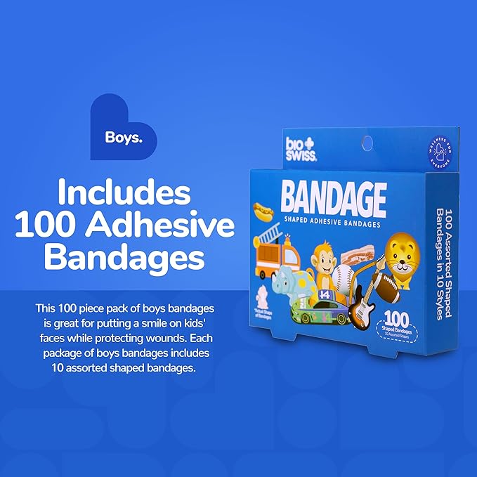 BioSwiss Kids Bandages, Assorted Animal, Fun and Food Shaped Self Adhesive Bandage for Boys, Latex Free, Sterile Wound Care, 100 Count