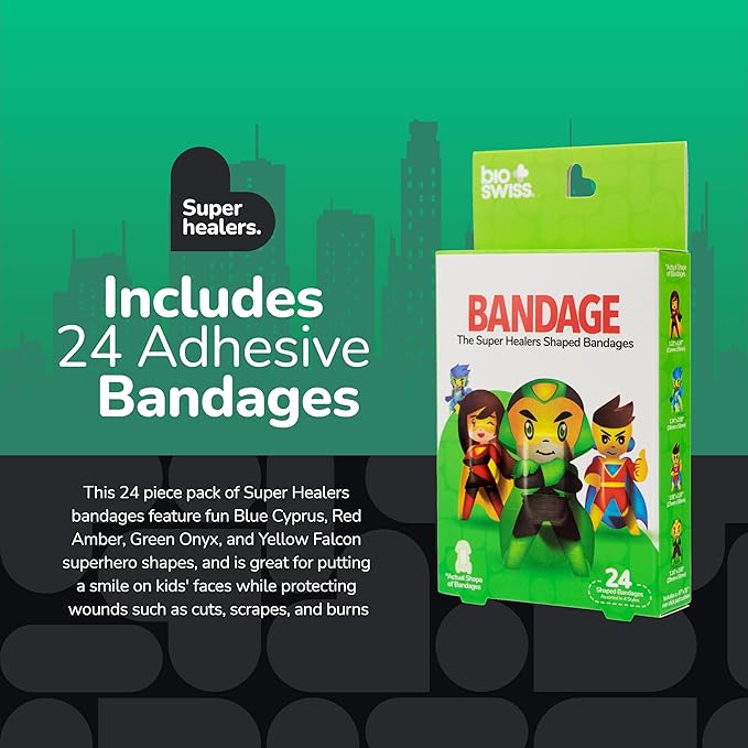 BioSwiss Kids Bandages, Super Healers Superhero Shaped Self Adhesive Bandage Set, Latex Free, Sterile Wound Care, 24 Count