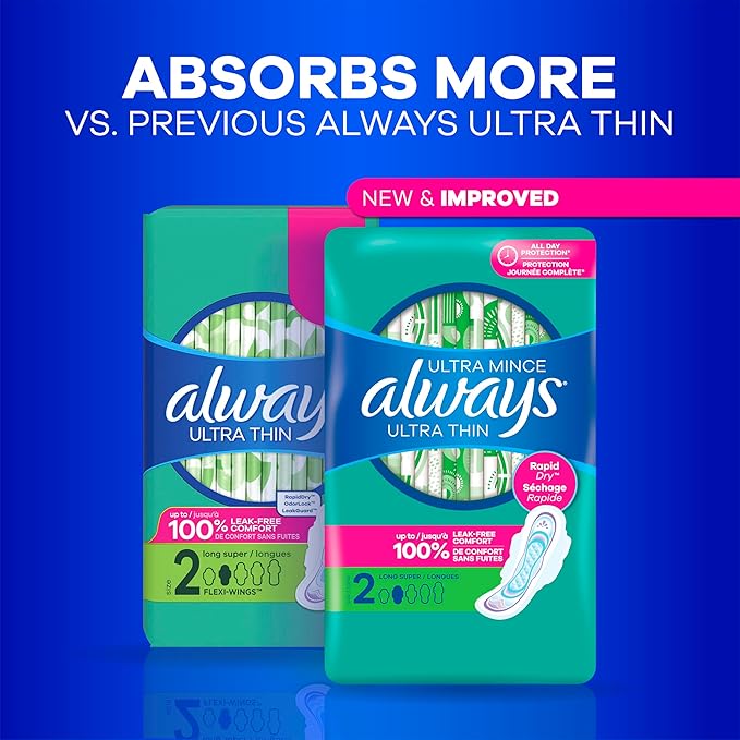 Always Ultra Thin Pads with Wings, Size 2, Long Super, 126 Count (3 Packs of 42)