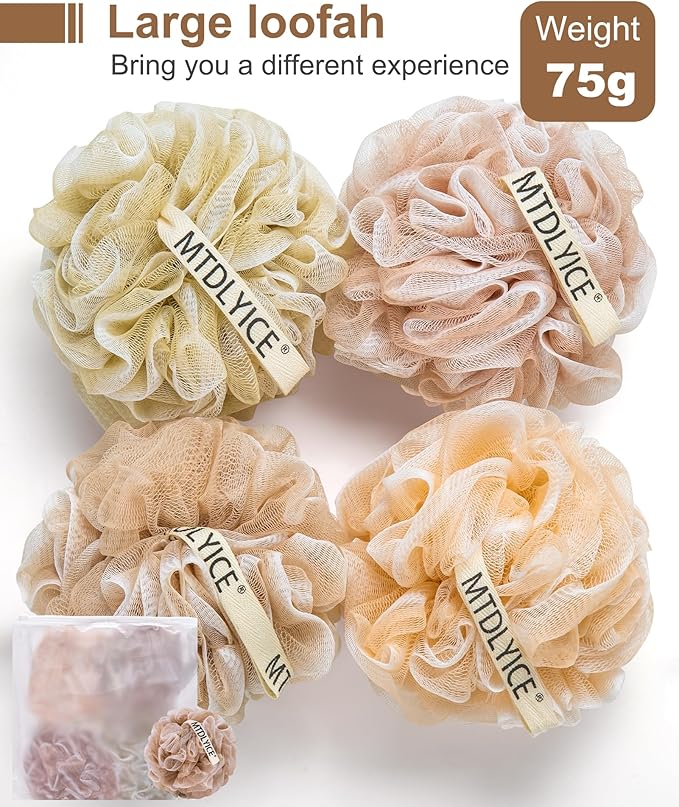 Loofah for Women, XL Large Loofah 75g 4 Pack, Bath Sponge Soft Mesh Shower, Body Scrubber, Bath Accessories Body wash Foaming (Pinkish Beige)