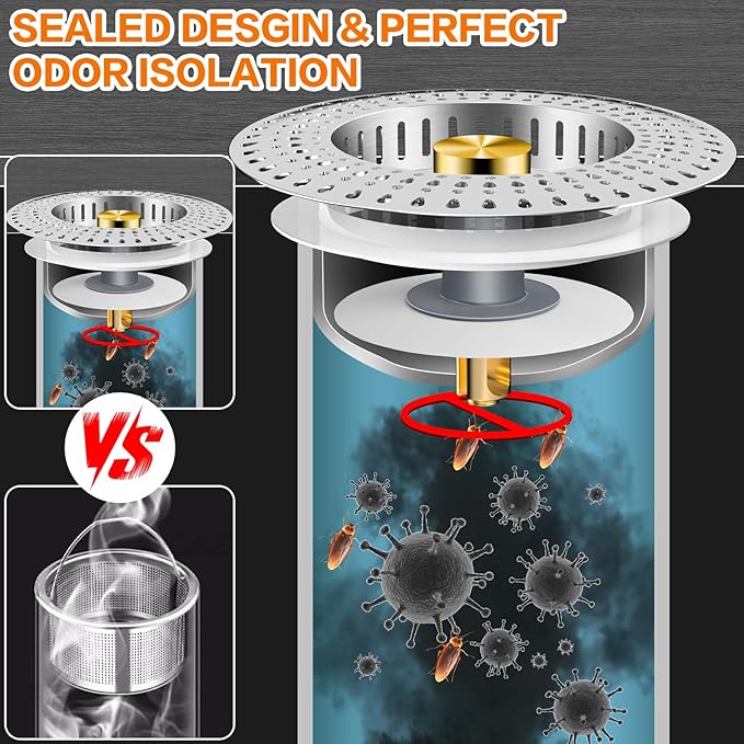Kitchen Sink Drain Strainer & Sink Stopper - 18/8 Stainless Steel - 5-in-1 Upgraded Sink Strainer with Basket, Sink Plug Drain Cover Fits US Standard 3-1/2'' Sink Drain Hole