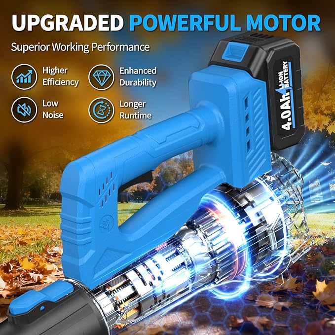 Leaf Blower Cordless, 21V Powerful Leaf Blower with 2 x 4.0Ah Battery & Fast Charger, Lightweight Electric Leaf Blowers for Lawn Care, Yard, Patio Cleaning, Blowing Leaves & Dust (Blue)