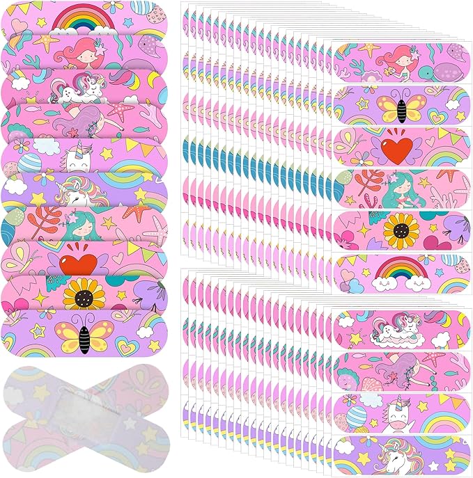 Patelai 300 Pieces Kids Bandages Bulk 10 Styles Children's Adhesive Flexible Colorful Cute Cartoon Bandages Waterproof Breathable Stickers Protection Care Cuts for Girls Boys(Unicorn)