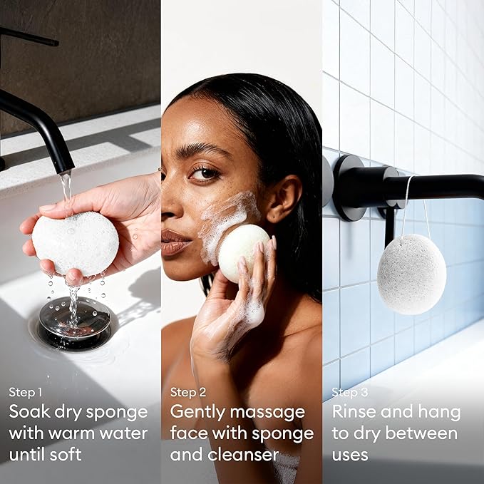 Vove Organic Konjac Facial Sponges 3-Pack - Natural Face Exfoliating Sponges with Bamboo Charcoal & Green Clay, Gentle Cleansing for All Skin Types, Natural Vegan Skincare, Certified Organic