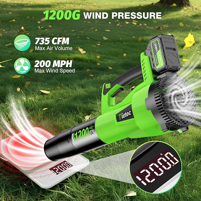 Tietoc Leaf Blower Cordless, 1200W Brushless Electric Leaf Blower with 2 X 5.0Ah Battery, 6 Speed Powerful Leaf Blowers for Garden, Patio, Lawn Care, Gift for Men Dad Husband Fathers Gardener 2025