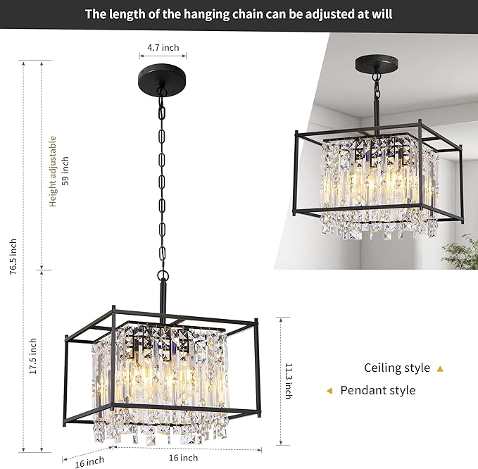 Black Chandeliers for Dining Room, Black Square Industrial Chandelier Crystal Pendant Light for Kitchen Island Dining Room Living Room Flat and Inclined Ceiling,L16 x W16 x H17.5