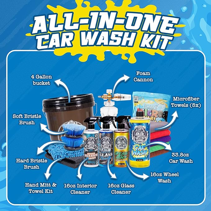 Salty Captain Ultimate 15-Piece Car Cleaning Kit – Car Wash Kit with 15L Bucket, Hand Mitt Towels, Brushes & 4x Cleaning Fluids – With Pressure Washer Snow Foam Cannon – Premium Quality