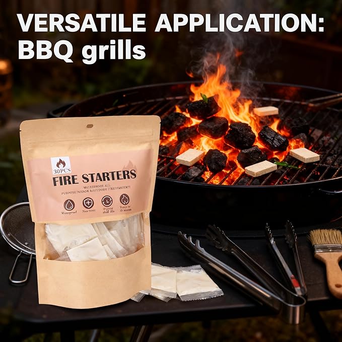 (30 Pcs/Bag) Quick Instant Fire Starter, Waterproof All-Purpose Indoor & Outdoor Firestarter,for Charcoal,Fireplace, Campfire, Wood Stove Odorless，BBQ and Non-Toxic