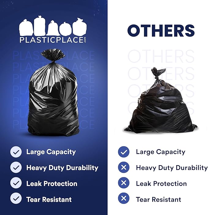 Plasticplace - W55LDBS1 55-60 gallon Trash Bags │ 1.7 Mil EQ │ Black Eco-Friendly Heavy Duty Garbage Can Liners │ 38” x 58” (100Count) Black