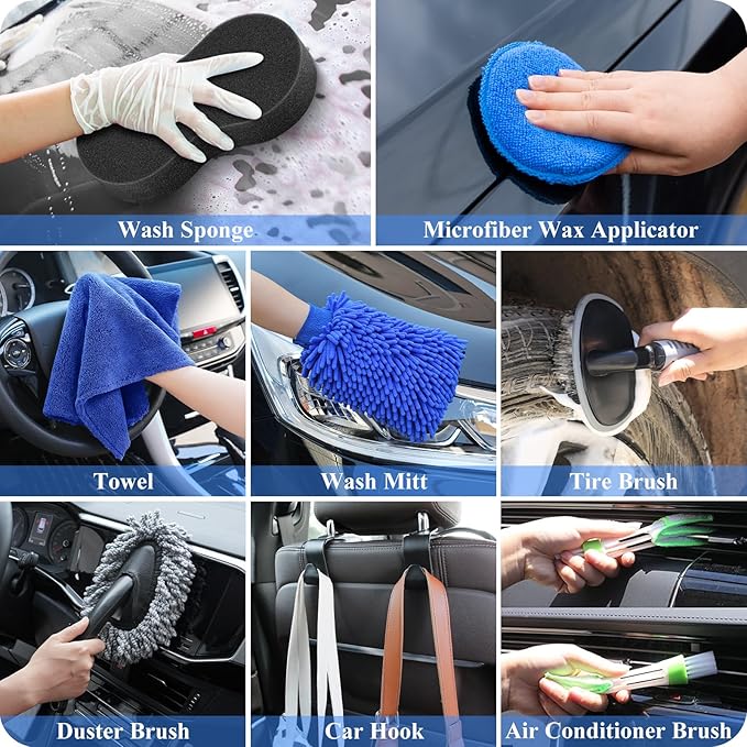 AUTODECO 38Pcs Car Wash Detailing Kit Cleaning Kits with Foam Gun Sprayer Collapsible Bucket Drill Brush Large Wash Mitt Towels Complete Interior Exterior Car Washing Supply Set Blue