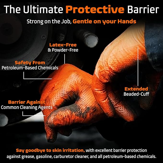 Orange Heavy Duty Nitrile Gloves - 8 Mil Textured Nitrile Gloves Disposable Latex Free