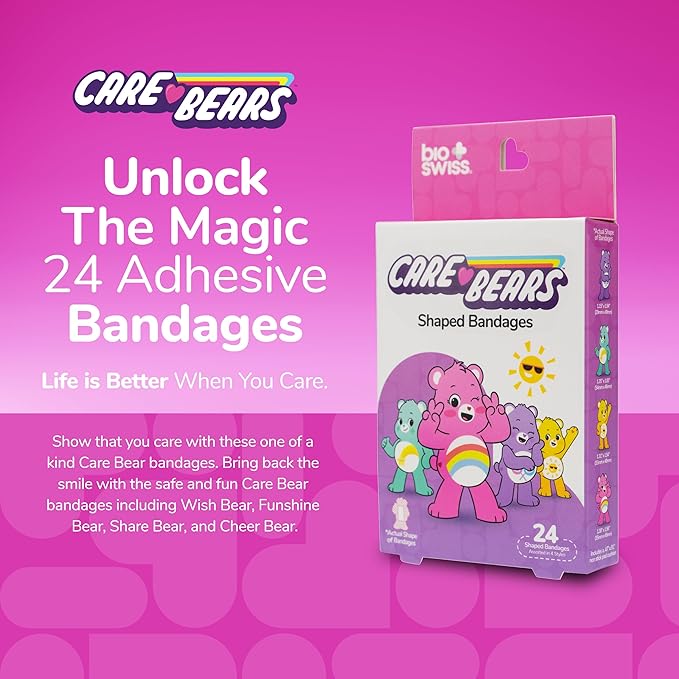 BioSwiss Care Bears Kids Bandages, Unlock The Magic Care Bear Shaped Self Adhesive Bandage Set, Latex Free, Sterile Wound Care, 24 Count