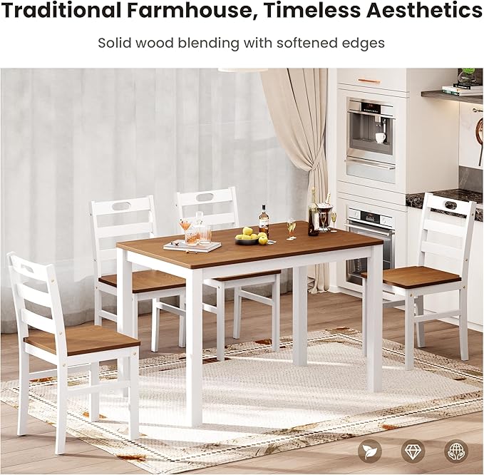 PHI VILLA Dining Table Set for 4, Classic Farmhouse Kitchen Table with 4 Chairs with Built-in Handle, Solid Wood Rectangle Dinner Table Set, American Walnut& White