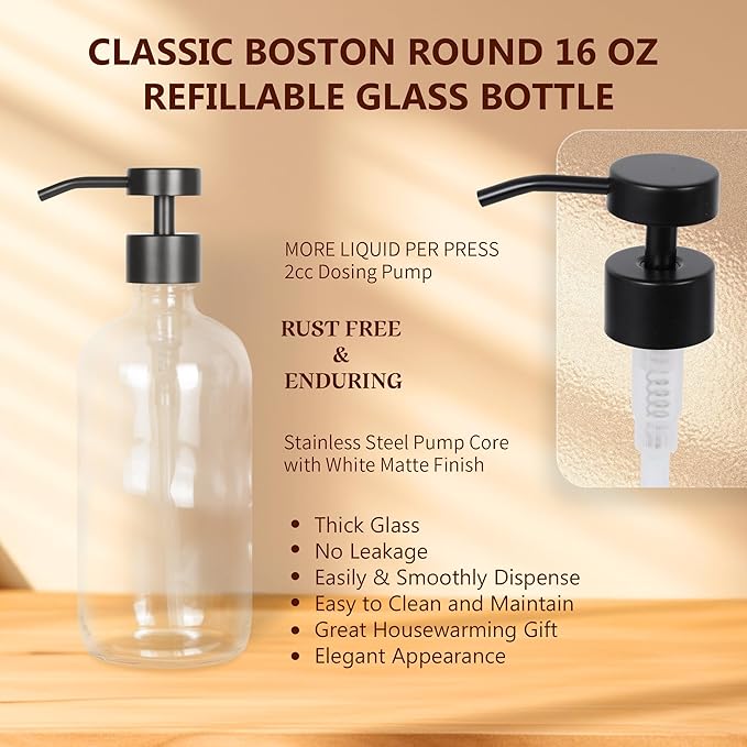 Set of 5 Kitchen Soap Dispenser Set 16 Oz Glass Hand Dish Soap Dispenser with Stainless Steel Pump, Cement Tray, Dish Scrub Brush for Farmhouse Rustic Home Bathroom Decor (Transparency)
