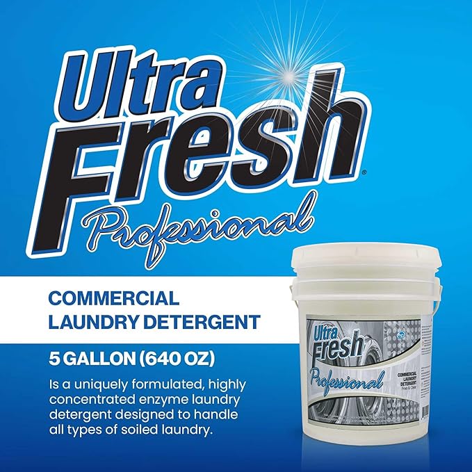 Ultra Fresh Professional Commercial Laundry Detergent, Free & Clear, 5 Gal – Liquid with Easy Dispensing Pump for All Machine Types, up to 640 Loads