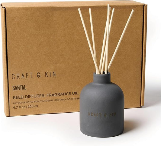 Craft & Kin Christmas Reed Diffuser for Home & Bathroom – Santal Woods Holiday Reed Diffuser Set with Fragrance Sticks, Long-Lasting Alcohol-Free Winter Scent, Earthenware Collection, 6.7oz