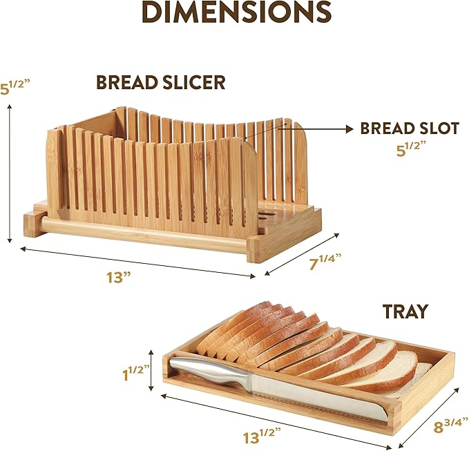Bread Slicer for Homemade Bread - Adjustable Bamboo Bread Cutter with Knife, Foldable Slicing Guide & Crumb Tray - Bread Loaf Slicer for Sourdough, Cakes, Bagels, Loaves - Kitchen Baking Tool & Gift