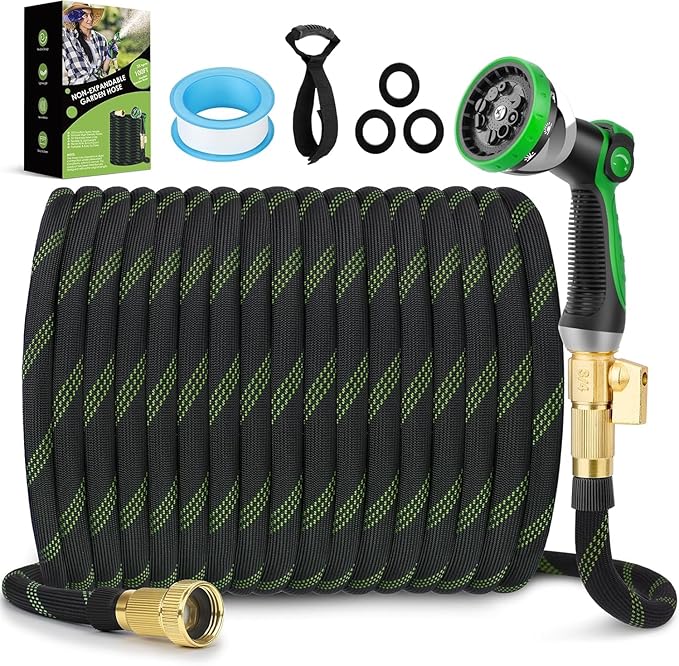 Non-Expandable Garden Hose 75 ft, Ultra Lightweight & Flexible Water Hose With 10-Pattern Spray Nozzle, Full Length Leak-Proof Design, High-Density Fabric & Shut-Off Valve, Hose Straps