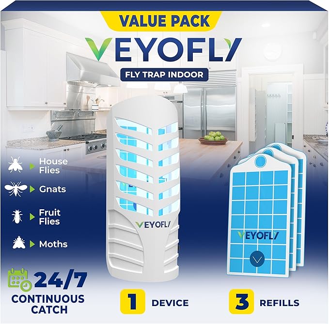 VEYOFLY Fruit Fly Trap Indoor (1 Device + 3 Refills), Gnat Catcher, Plug-in Light Insect Trap for House, Bug Killer