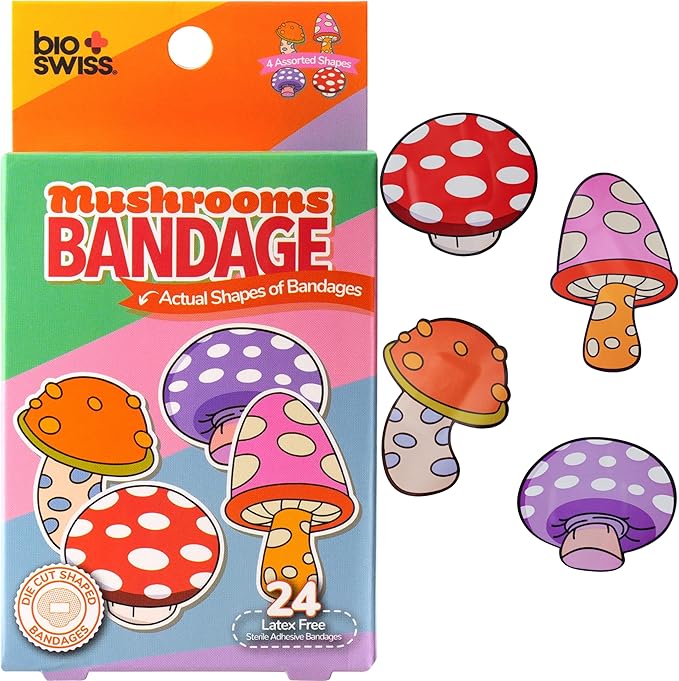 BioSwiss Kids Bandages, Mushroom Shaped Self Adhesive Bandage Set, Latex Free, Sterile Wound Care, 24 Count