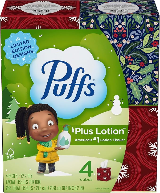Puffs Plus Lotion Facial Tissue, 4 Mega Cube Boxes, 72 Tissues Per Box