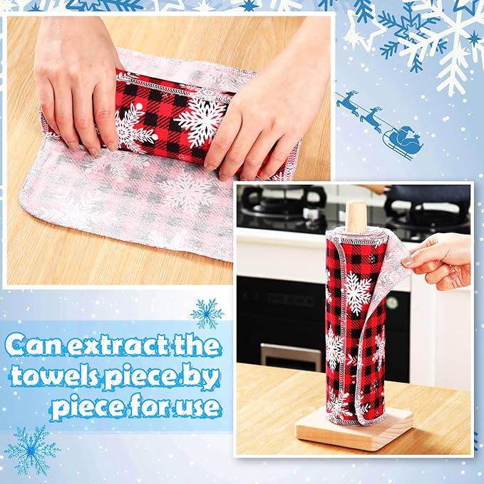 Redbaker 50 Pcs Reusable Paper Towels Paperless Reusable Cotton Cloths Toilet Absorbent Washable Paper Towels with Roll Kitchen Dishcloth for Kitchen Paperless Dishcloths(Snowman)