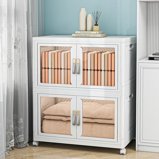 Large Clear Stackable Storage Bins with Lids, Foldable Storage Cabinet for Closet Organizers and Storage, Plastic Storage Box with Wheels 314 QT