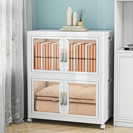 Large Clear Stackable Storage Bins with Lids, Foldable Storage Cabinet for Closet Organizers and Storage, Plastic Storage Box with Wheels 314 QT