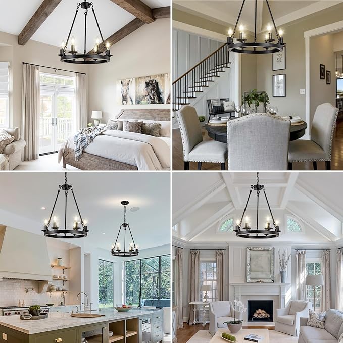 Wagon Wheel Chandelier, 6-Light Black Modern Rustic Farmhouse Chandelier Adjustable Height Pendant Kitchen Light for Ceiling Hanging Dining Room, Living Room, Entryways, Foyer