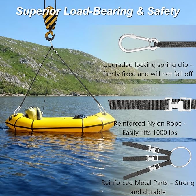 Adjustable 3 Leg Inflatable Dinghy Boat Lift Slings, with Locking Spring Clips, Stainless Steel Hardware & Nylon Webbing, for Inflatable Dinghies