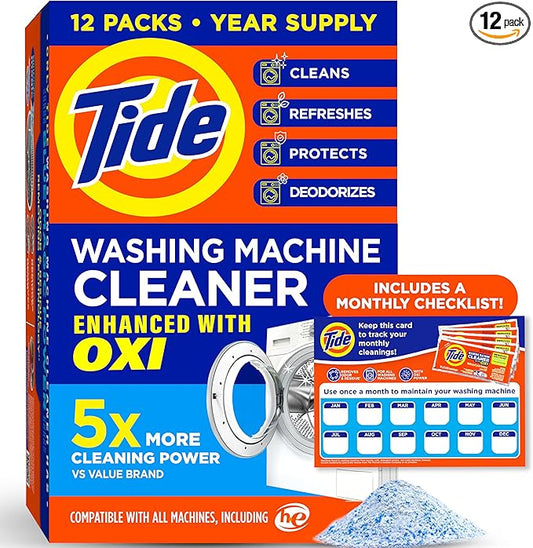 Tide Washing Machine Cleaner with Oxi for Front and Top Loader Washer Machines, Deep Cleaning Residue & Odor Eliminator, 12 Month Supply (Packaging May Vary) + Calendar