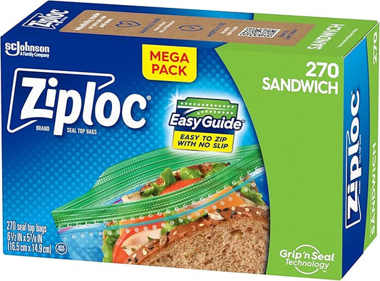 Ziploc Sandwich and Snack Bags with EasyGuide Texture, Plastic Storage Bags with Grip 'n Seal Technology, 270 Bags Total (Packaging May Vary)