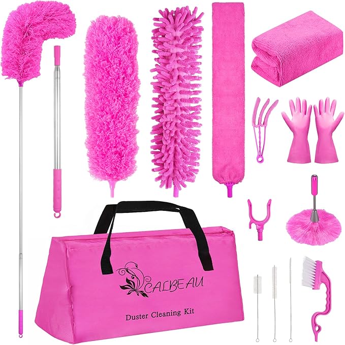 Microfiber Dusters for Cleaning, Feather Dusters with Extension Pole, Bendable & Washable Dusters for High Ceiling Fan, Blinds, Cars, Furniture, Cleaning Tools Kit Pink Gift for Women (15 PCS)