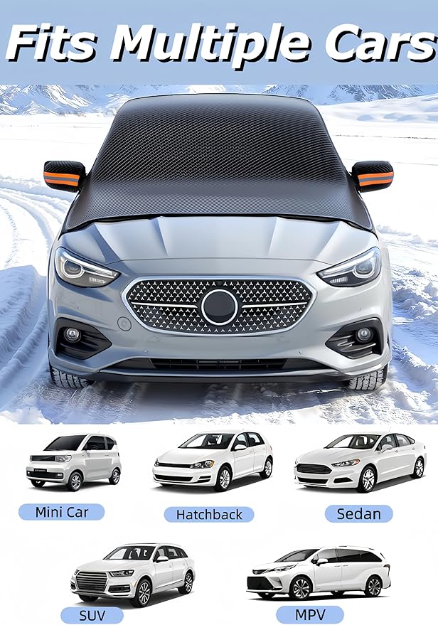 Windshield Snow Cover,Oxford Fabric Winter Frost Cover with Side Window and Rearview Mirror Protector, Extra Large Magnetic Frost Guard Windshield Cover for Most Cars,SUV,Sedan,Truck (Orange)