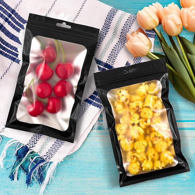 Funfery 300 Pack Smell Proof Resealable Bags for Food Storage,Mylar Clear Bags 4.7x7.9 Black Packaging Bag- Edibles,Odorless Scent Proof Bag for Cookies, Zip Foil Pouch for Small Business