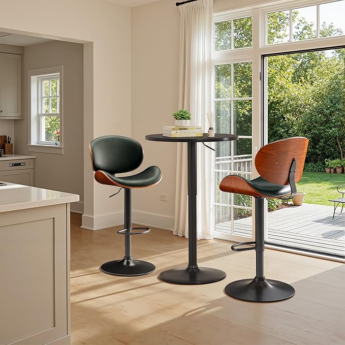 Bar Stools Set of 2 Adjustable Swivel Bentwood Barstools PU Leather Modern Bar Chairs with Back & Footrest for Bar, Kitchen Island, Dining Room (Grenn, Set of 2)