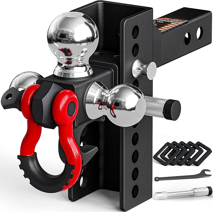 AC-DK Adjustable Heavy-Duty Trailer Hitch Tri-Ball Mount with Tow Hook & Swivel Shackle, Fits 2" Receiver, 4-1/2" Rise/Drop, Includes 1-7/8", 2", & 2-5/16" Balls, Secure Hitch with Locks & Pin