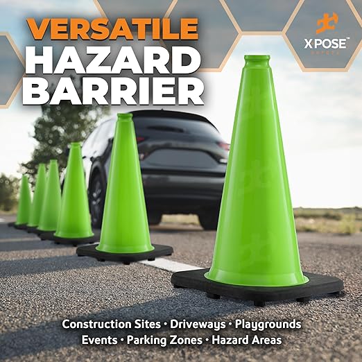 Xpose Safety 18” Lime Green Traffic Cone - 12 Pack - Premium PVC Safety Cone for Parking, Caution, Construction, Road Crews, Emergency Vehicle - DOT Approved