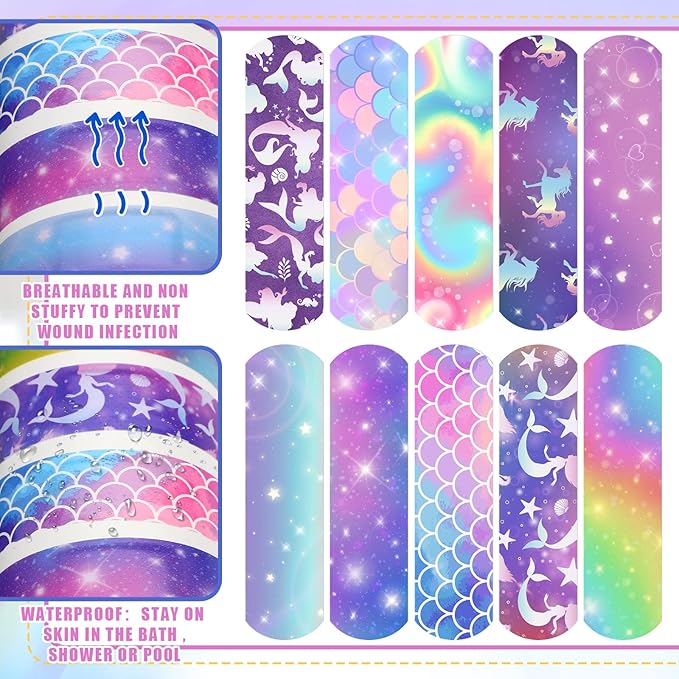 Patelai 300 Pieces Kids Bandages Bulk 10 Styles Children's Adhesive Flexible Colorful Cute Cartoon Bandages Waterproof Breathable Stickers Protection Care Cuts for Girls Boys(Mermaid)