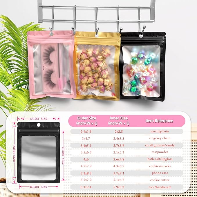 FUNFERY Mylar Resealable Bags Foil Packaging Bags with Clear Window,Zipper Pouch Smell Proof Bag for Food Storage,Cookies,Sample,Small Business(Black,2.4x3.9inch)-98 Pack