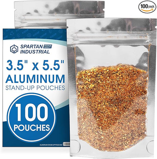 Spartan Industrial - 3.5" X 5.5" Aluminum Stand-Up Pouches - Pack of 100 Resealable Smell-Proof Bags for Food, Wax Melts, Lip Gloss Packaging, and More